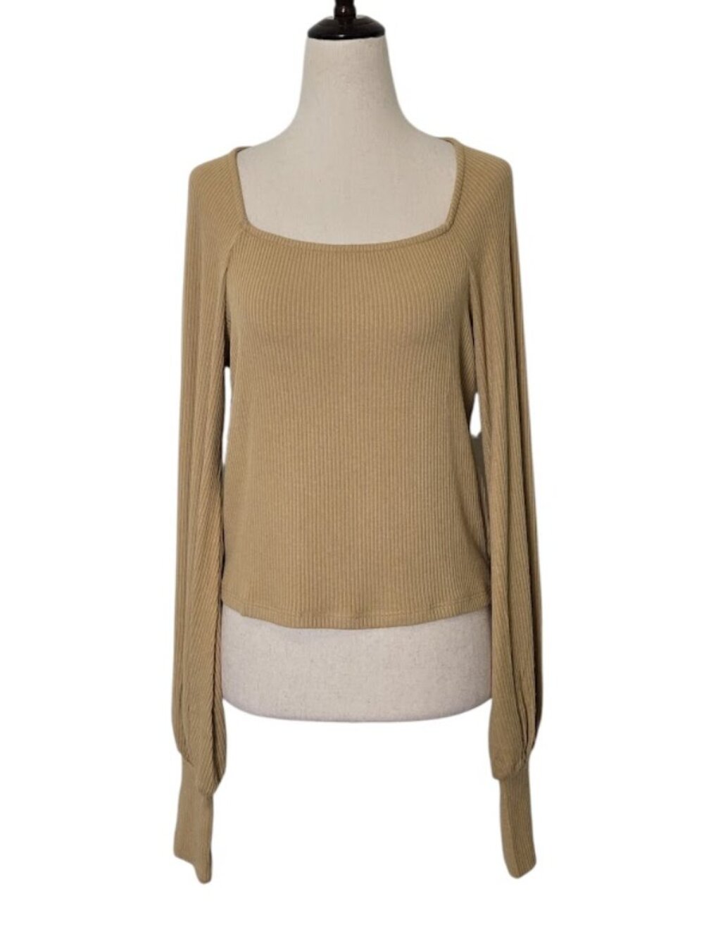 PST Project Social T Women's Size L Tan Ribbed Square Neck Long Sleeve Top NWOT